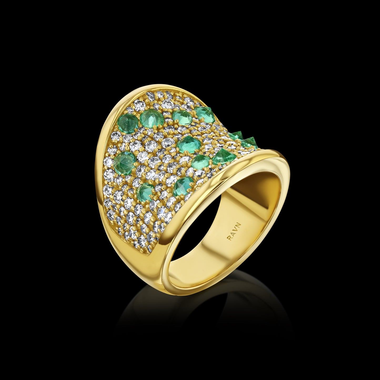 Golden Saddle Ring, with Mosaic Set Diamonds & Inverted Emeralds