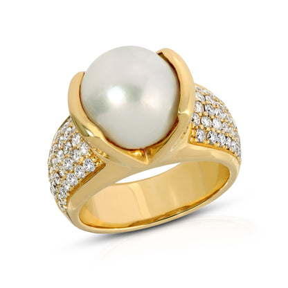 Bella Pearl Ring, with Pave Diamond Shoulders