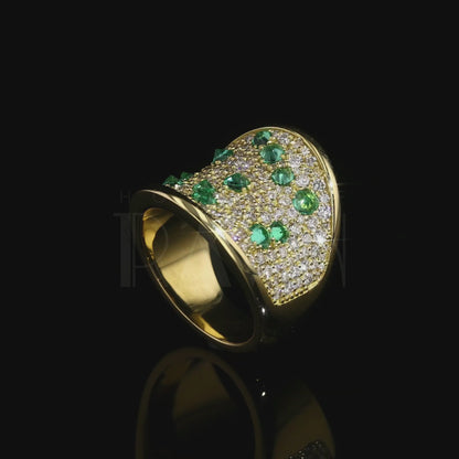 Golden Saddle Ring, with Mosaic Set Diamonds & Inverted Emeralds